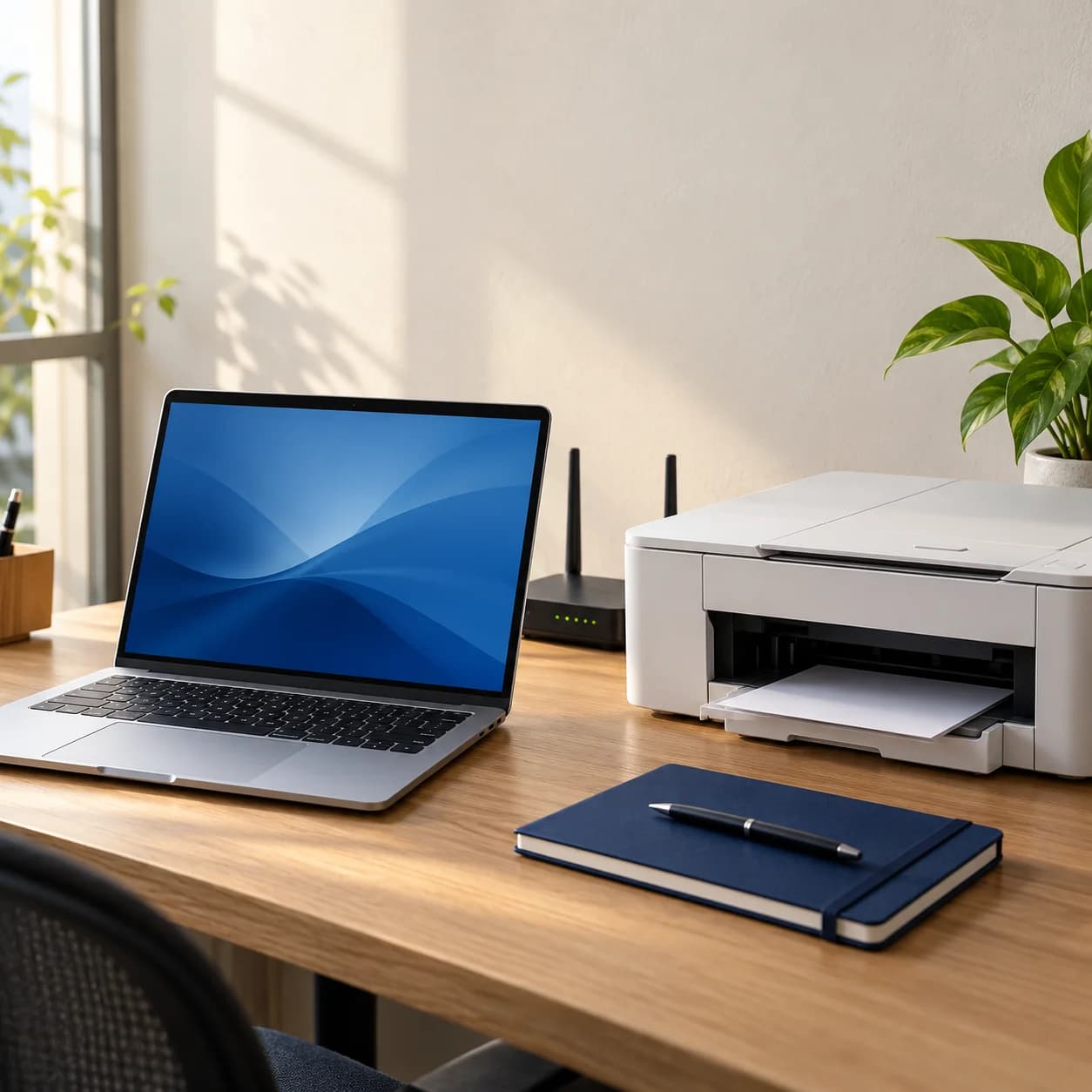 Illustrative office desk with a laptop, printer and Wi-Fi router